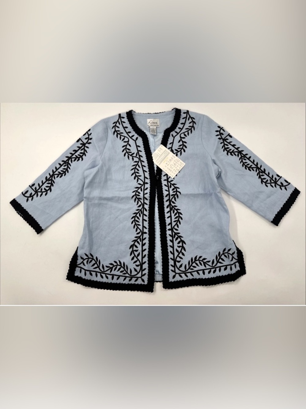 Linea Linen Jacket Large Blue Embroidered Lagenlook Boho 3/4 Sleeve Blazer NEW